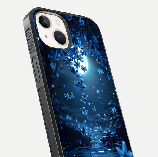 Moonlight Petal Dream Glass Case for iPhone 14 close-up angled shot showing petal reflection and glow texture