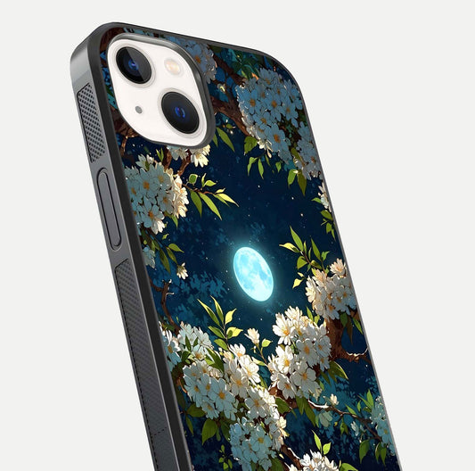 Moonlit Blossom Dream Glass Case for iPhone 14 close-up angled shot showing glowing petals and reflection