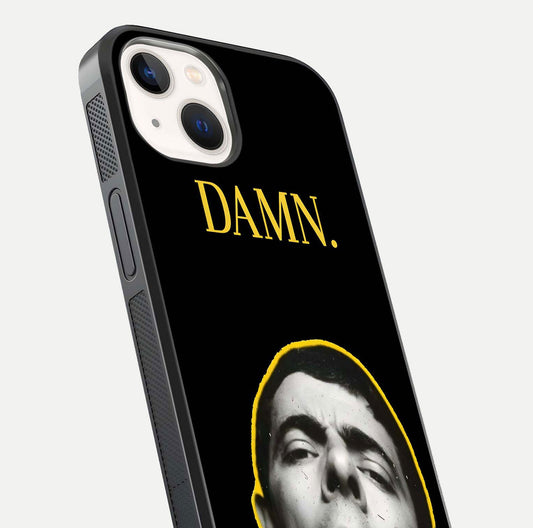 Mr Bean Damn Glass Case for iPhone 14 close-up angled shot highlighting comic expression and shine detail