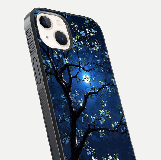 Mystic Floral Night Glass Case for iPhone 14 close-up angled shot highlighting petal detail and HD reflection