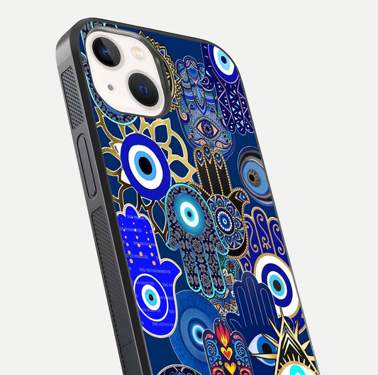 Mystic Palm Guard Glass Case for iPhone 14 close-up angled shot showing eye symbol and fine texture