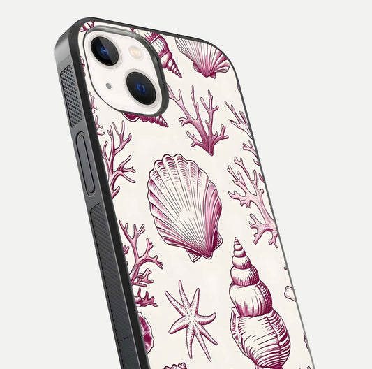 Pink Shells Outline Glass Case for iPhone 14 close-up angled shot showing fine shell lines and reflection