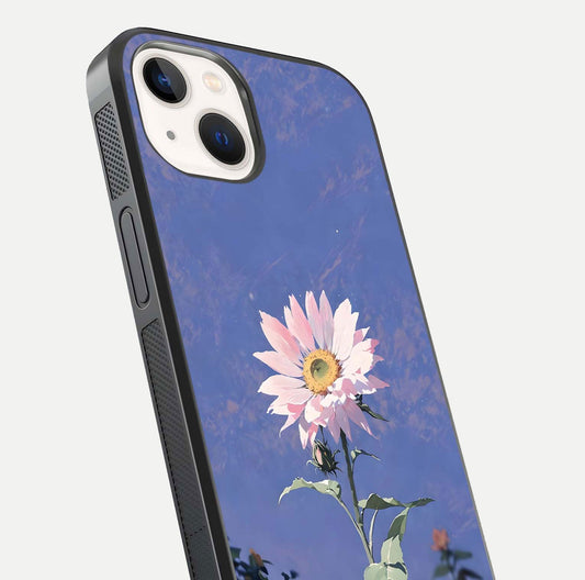 Pink Sunflower Glow Glass Case for iPhone 14 close-up angled shot highlighting petal texture and reflection