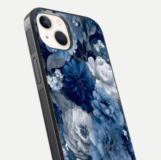 Royal Bloom Garden Glass Case for iPhone 14 close-up angled shot highlighting royal bloom texture and reflection