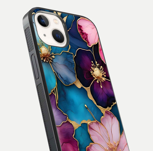 Sparkle Floral Glass Case for iPhone 14 close-up angled shot highlighting shimmer details and reflection