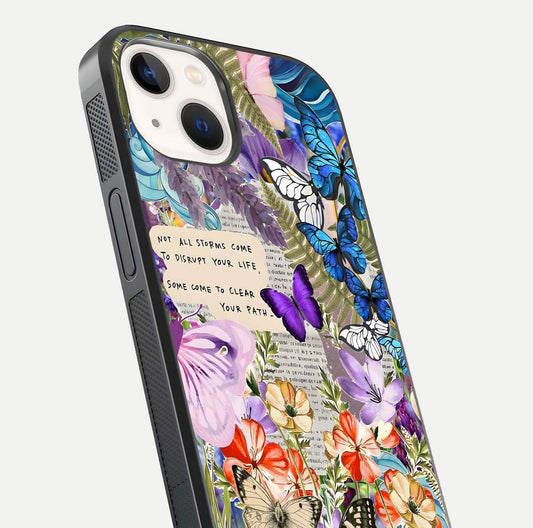 Storm Path Bloom Glass Case for iPhone 14 close-up angled shot highlighting bloom texture and reflection