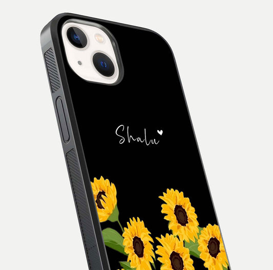 Sunflower Chic Mood Custom Name Glass Case for iPhone 16 Pro close-up angled shot showing HD sunflower pattern