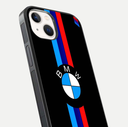 Turbo BMW Beast Glass Case for iPhone 14 close-up angled shot highlighting car detailing and reflection