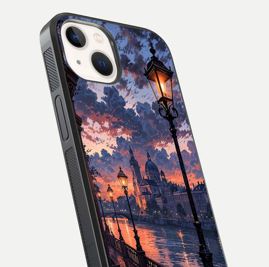 Twilight River Lights Glass Case for iPhone 14 close-up angled shot highlighting river reflections and color tones