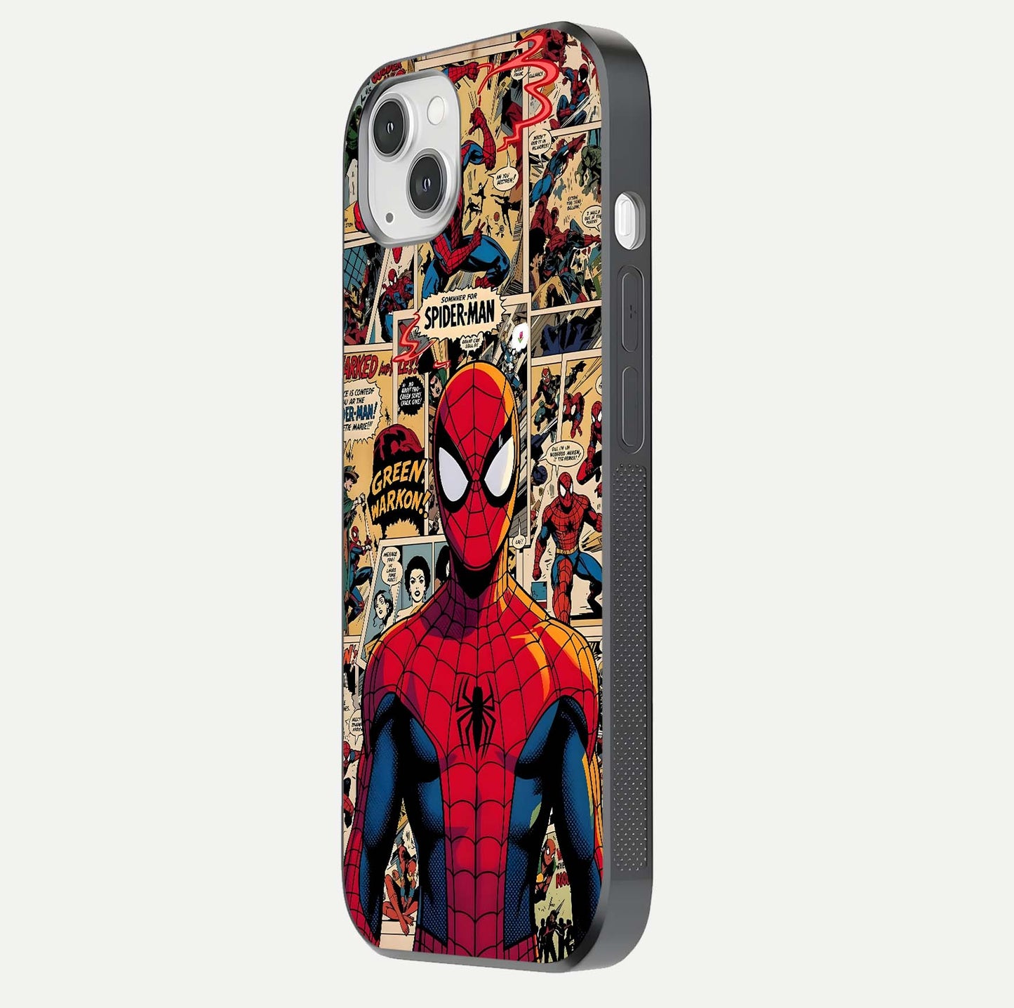 Aesthetic Spider Man Glass Case for iPhone 14 Plus side-angle image showing superhero comic print, camera module, and glossy finish reflection