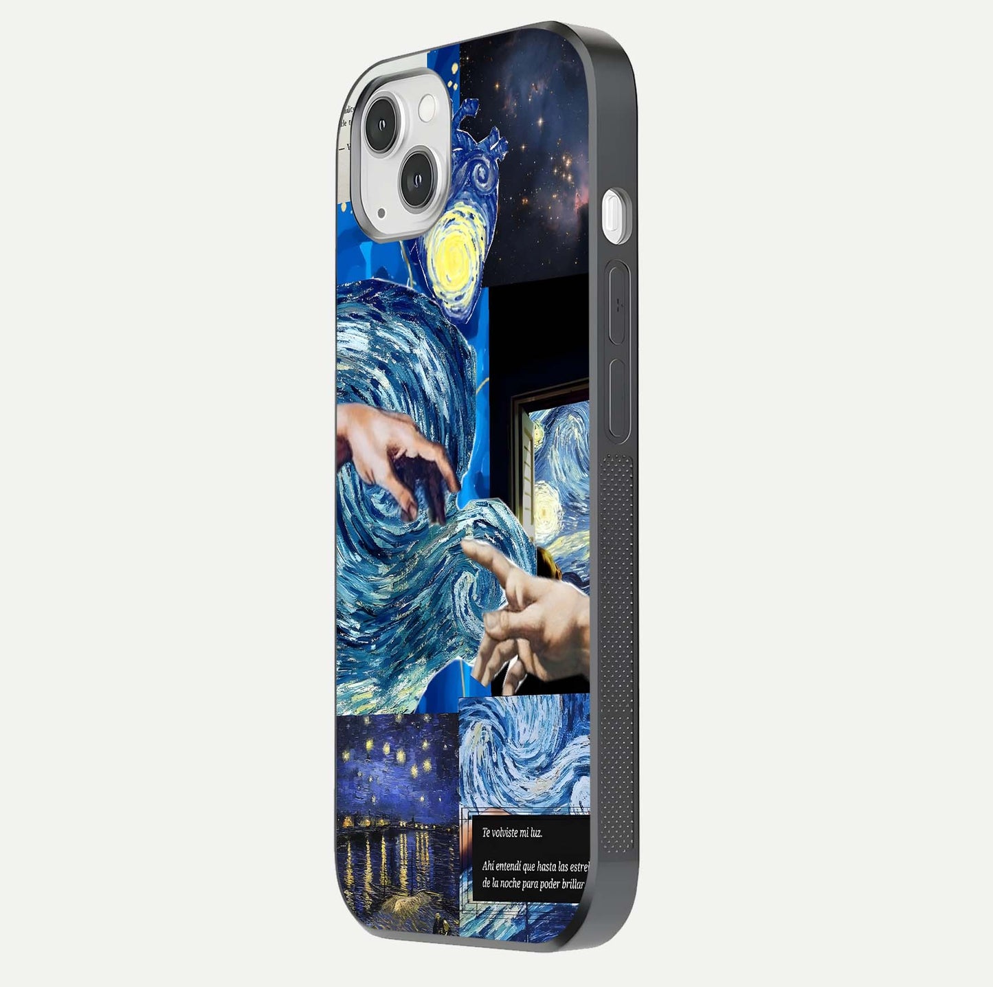 Aesthetic Vando Hands Glass Case for iPhone 14 Plus side-angle image showcasing hand design, protective edges, and gloss texture