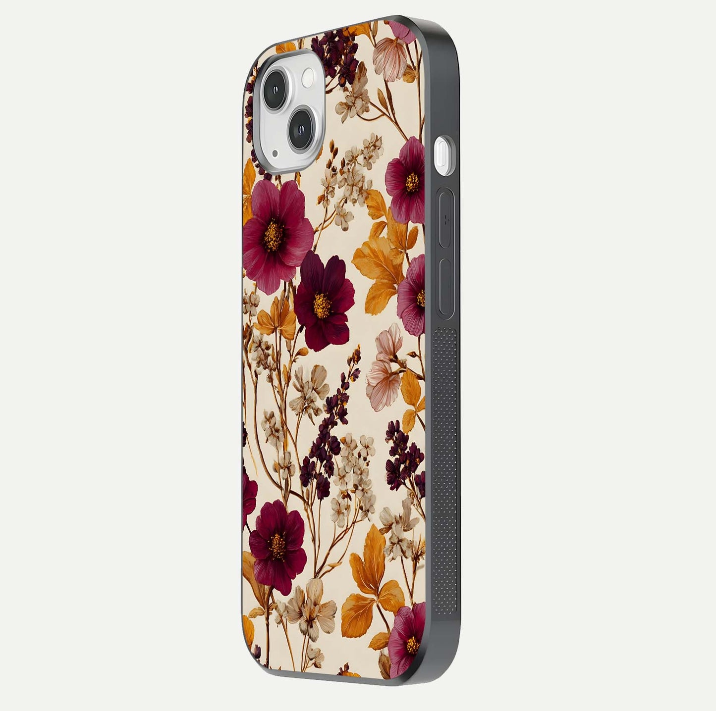 Autumn Wine Bloom Glass Case for iPhone 16 Pro side-angle showcasing floral design, texture gloss, and camera frame