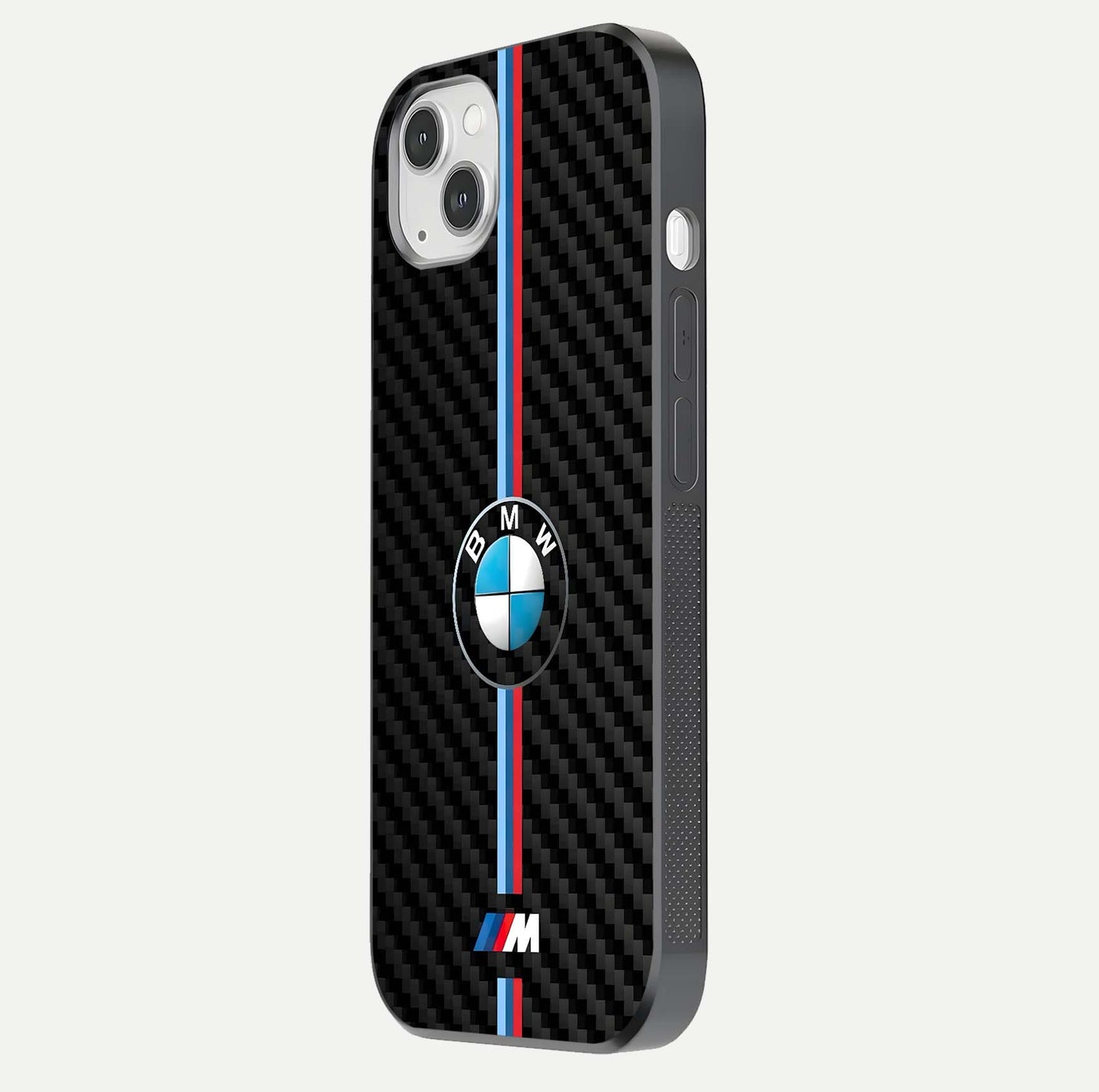 BMW Pattern Glass Case for iPhone 14 Plus side-angle image showing edge finish and luxury car-inspired shine