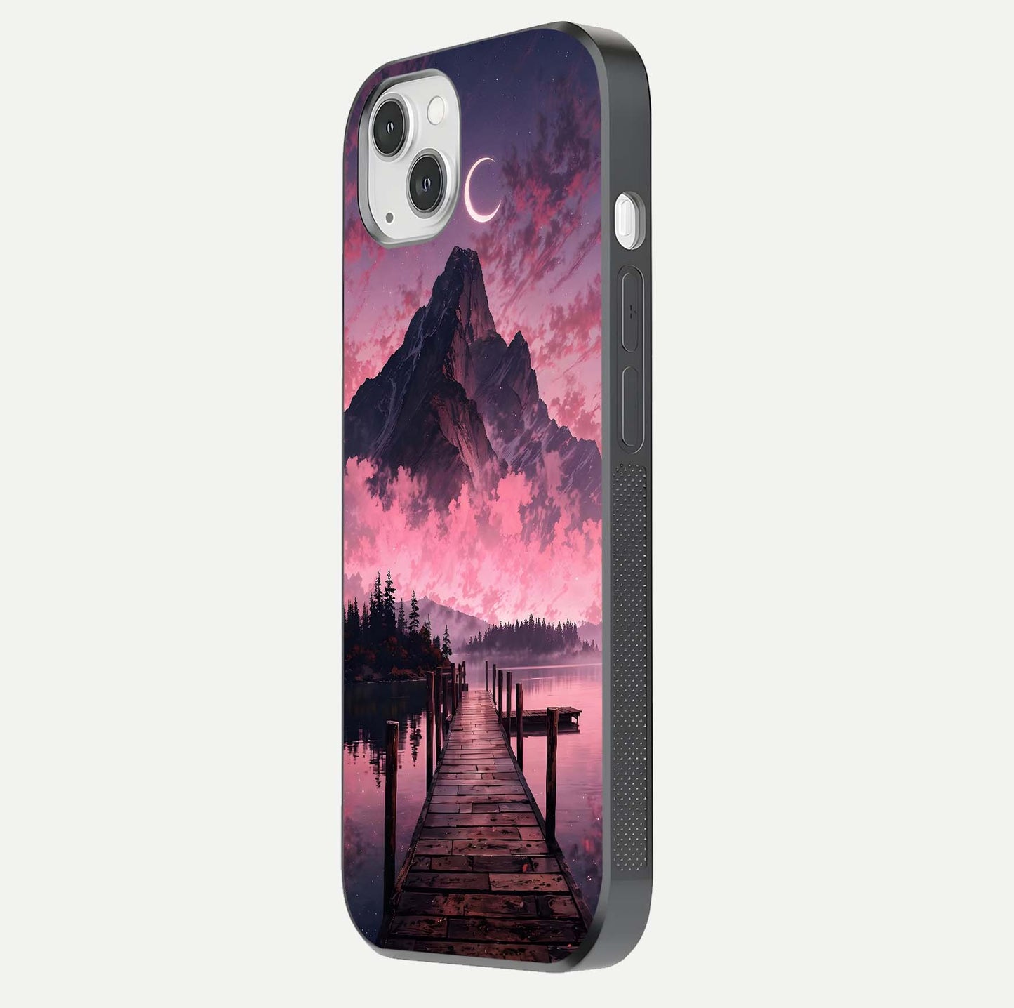 Beautyful Mountain View Glass Case for iPhone 14 Plus side-angle image displaying mountain artwork and gloss surface