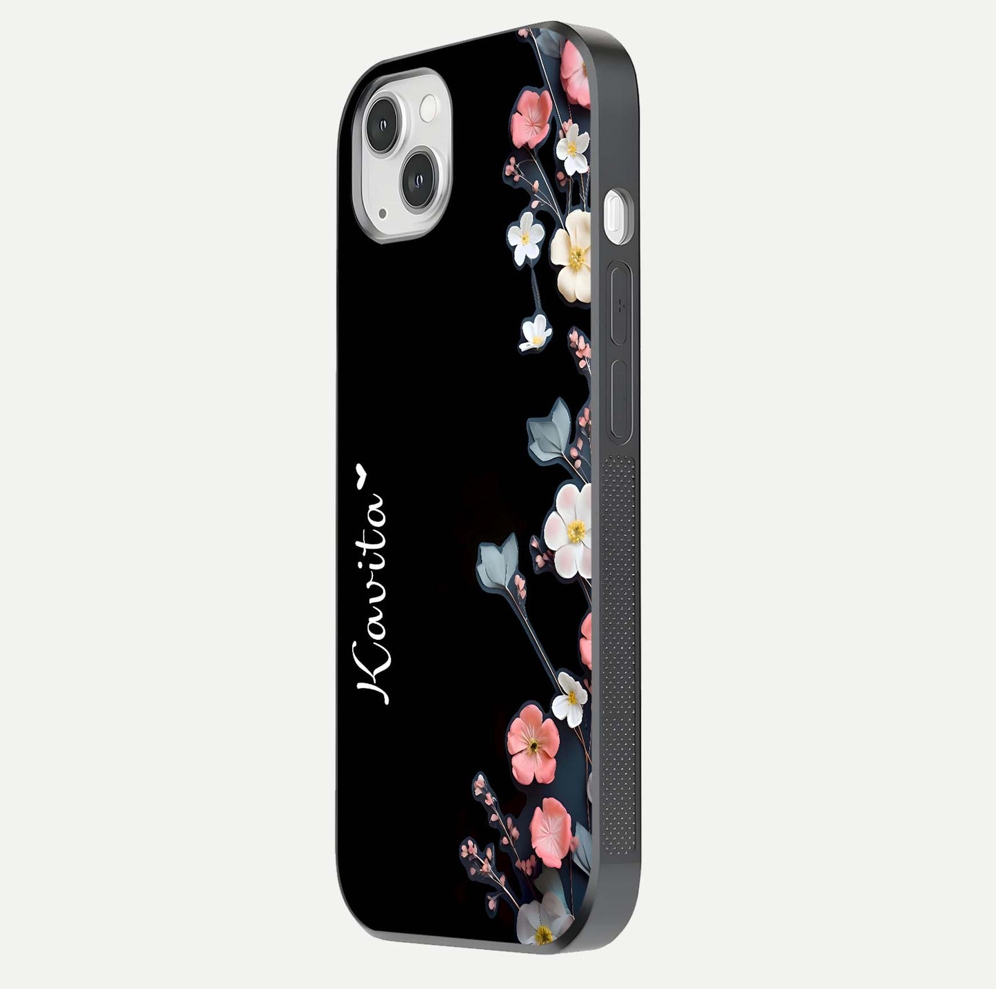 Black Elegance Floral Custom Name Glass Case for iPhone 16 Pro side-angle showing black gloss depth and delicate print texture