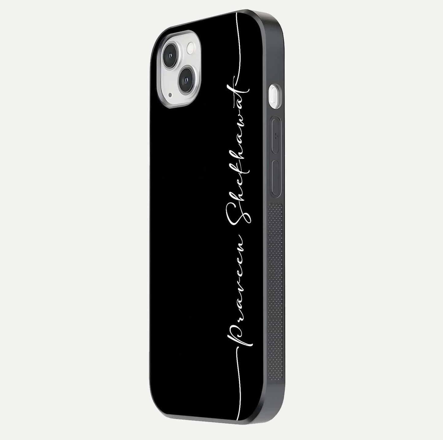 Black Tune Custom Name Glass Case for iPhone 14 Plus side-angle photo showing mirror-like surface and slim profile