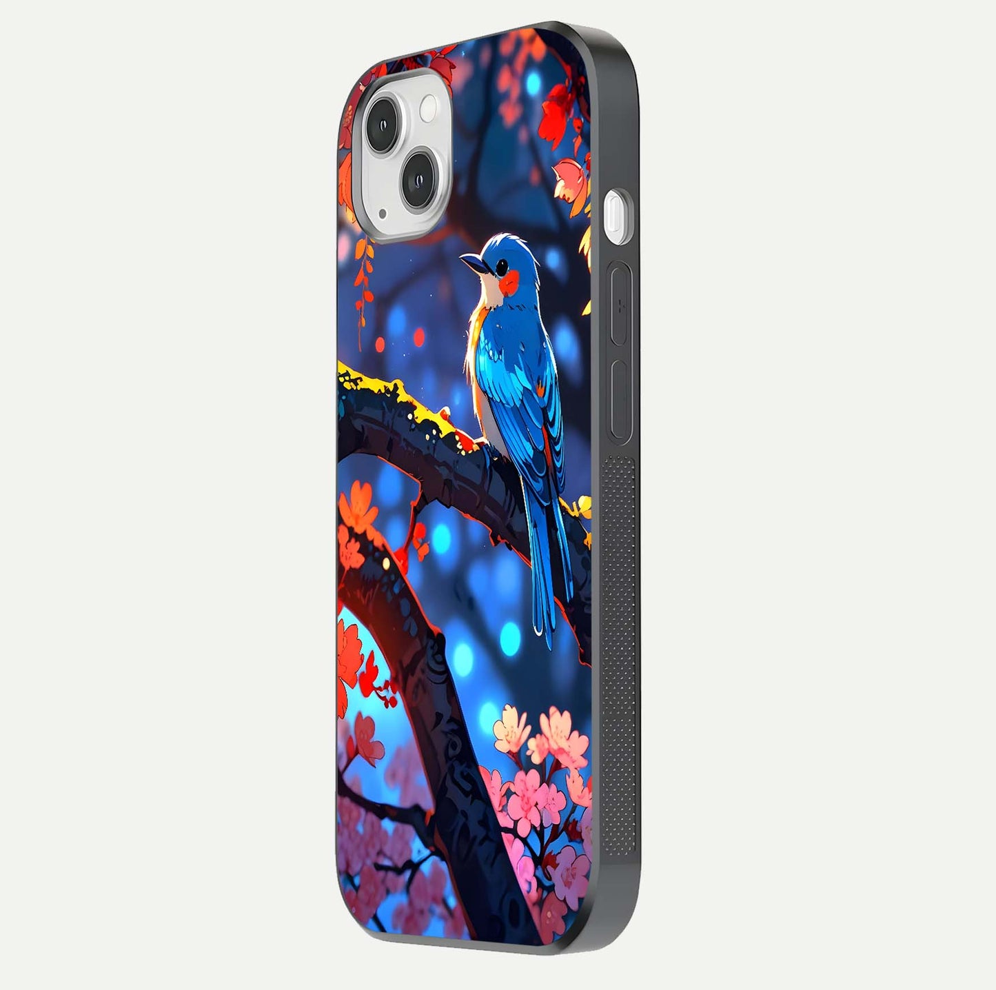 Blooming Spendor Bird Glass Case for iPhone 14 Plus side-angle photo showing floral wings and reflection finish