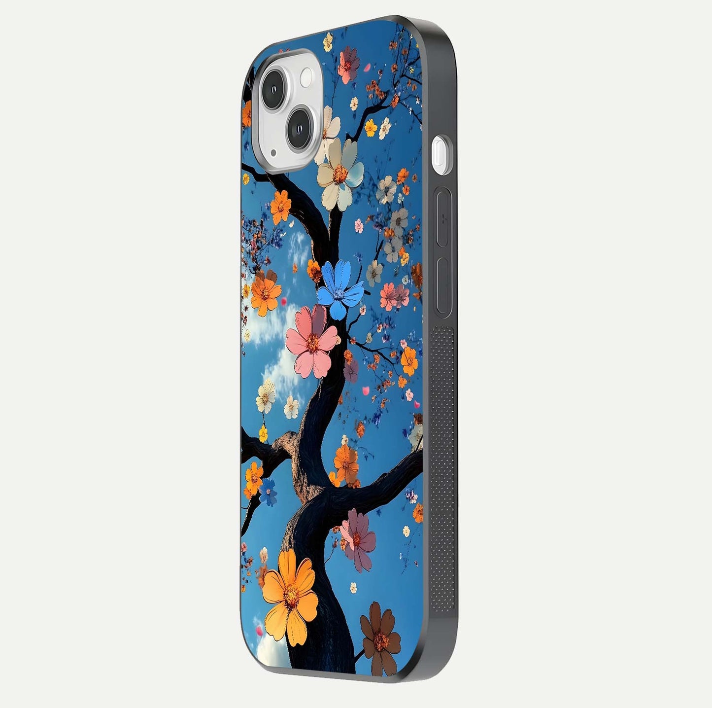 Blossom Dream Sky Glass Case for iPhone 14 Plus side-angle photo showing flower details, edge curve, and reflection shine