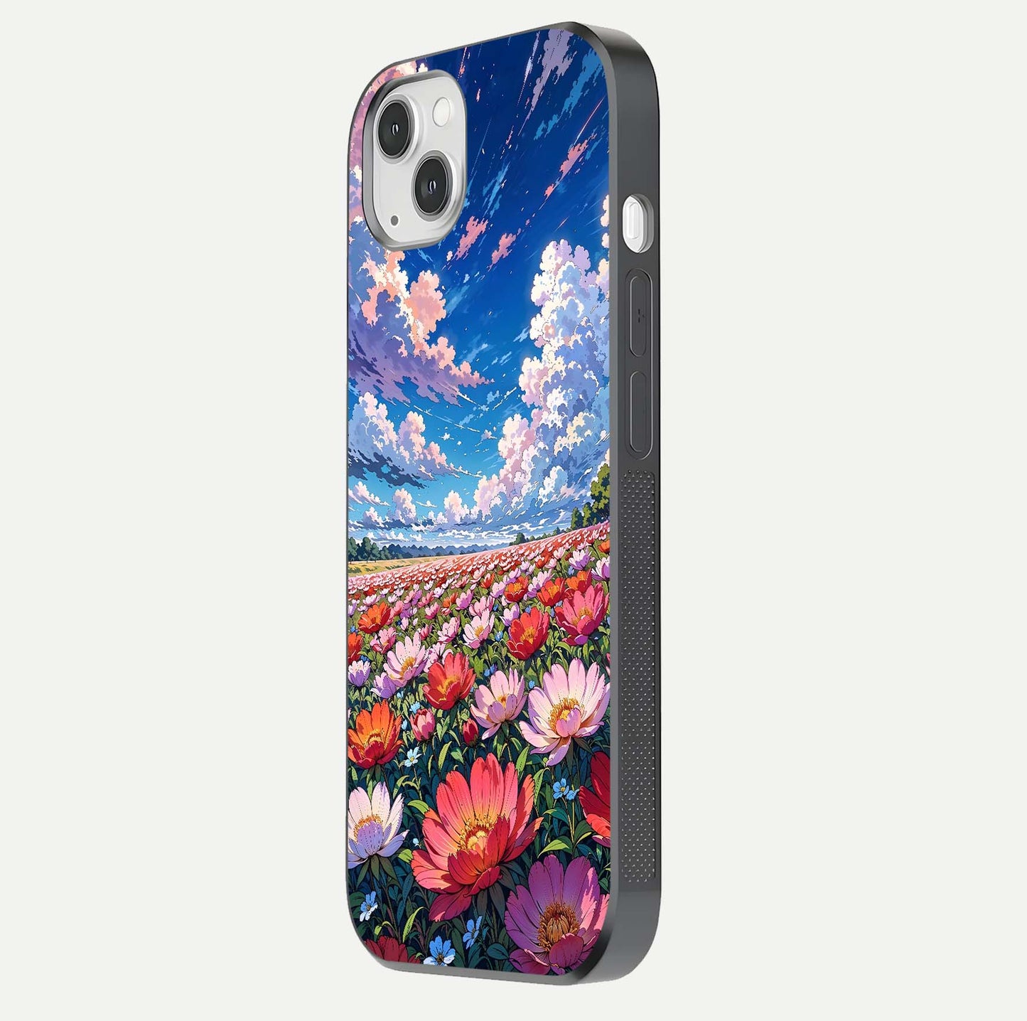 Blossom Sky Field Glass Case for iPhone 14 Plus side-angle showing sky hues, blossom texture, and reflective shine
