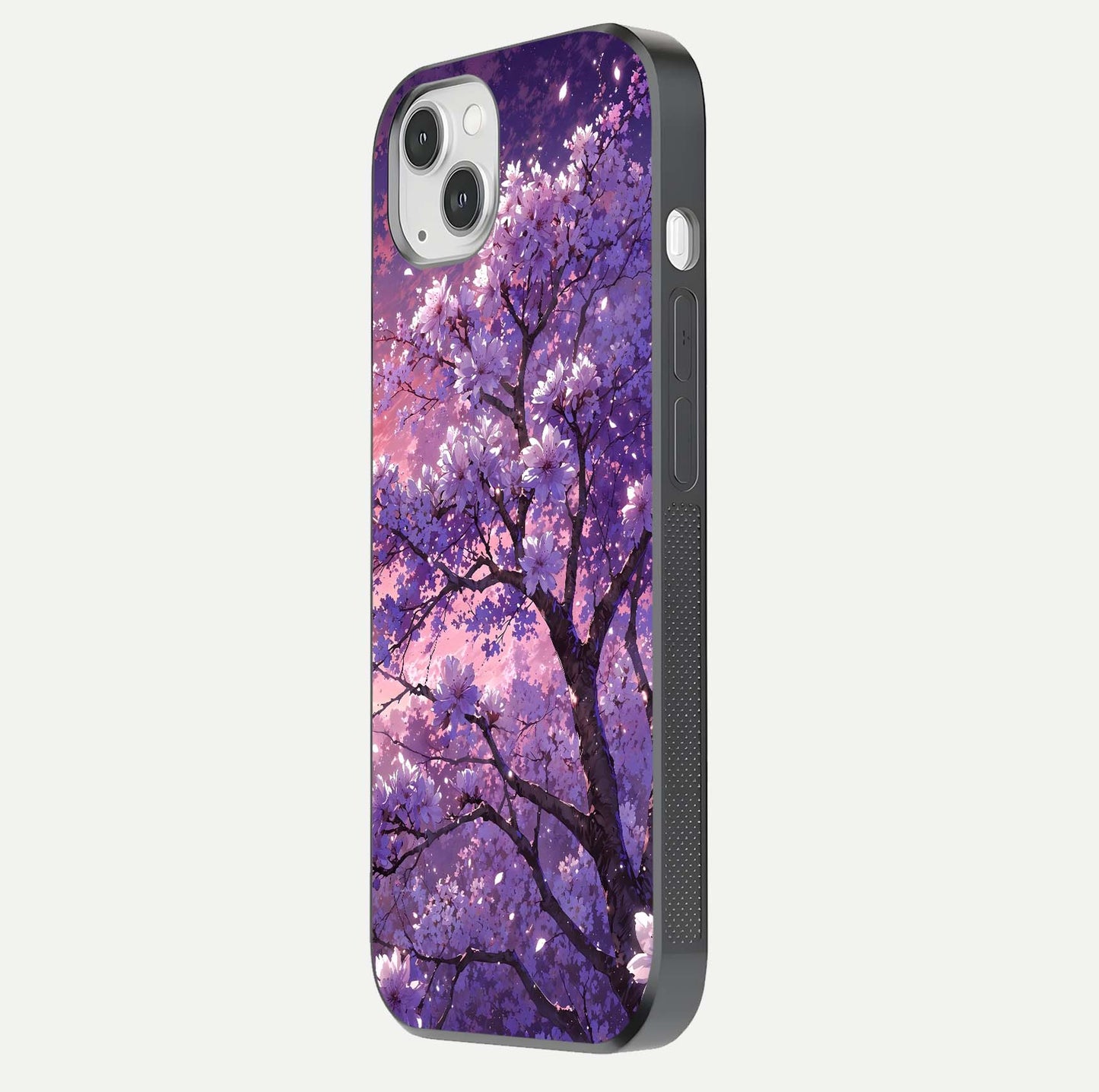 Blossom Tree Glass Case for iPhone 16 Pro side-angle image showing floral tree artwork and reflection gloss