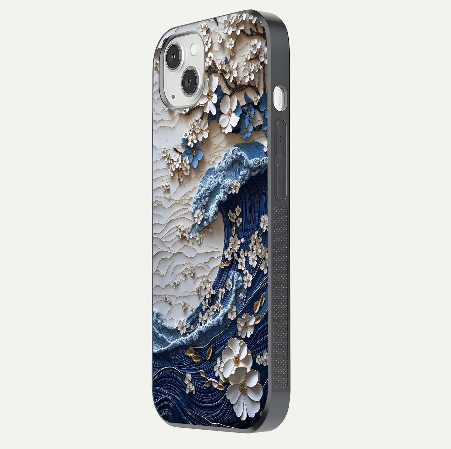 Blossom Wave Art Glass Case for iPhone 16 Pro side-angle view showing wave-flow print and gloss edge finish
