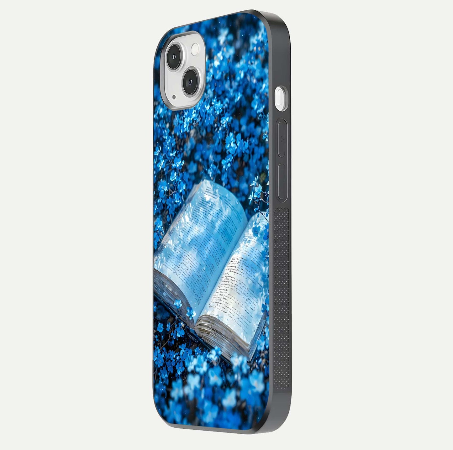 Blue Bloom Tales Glass Case for iPhone 16 Pro side-angle image showing blue floral pattern and glossy finish