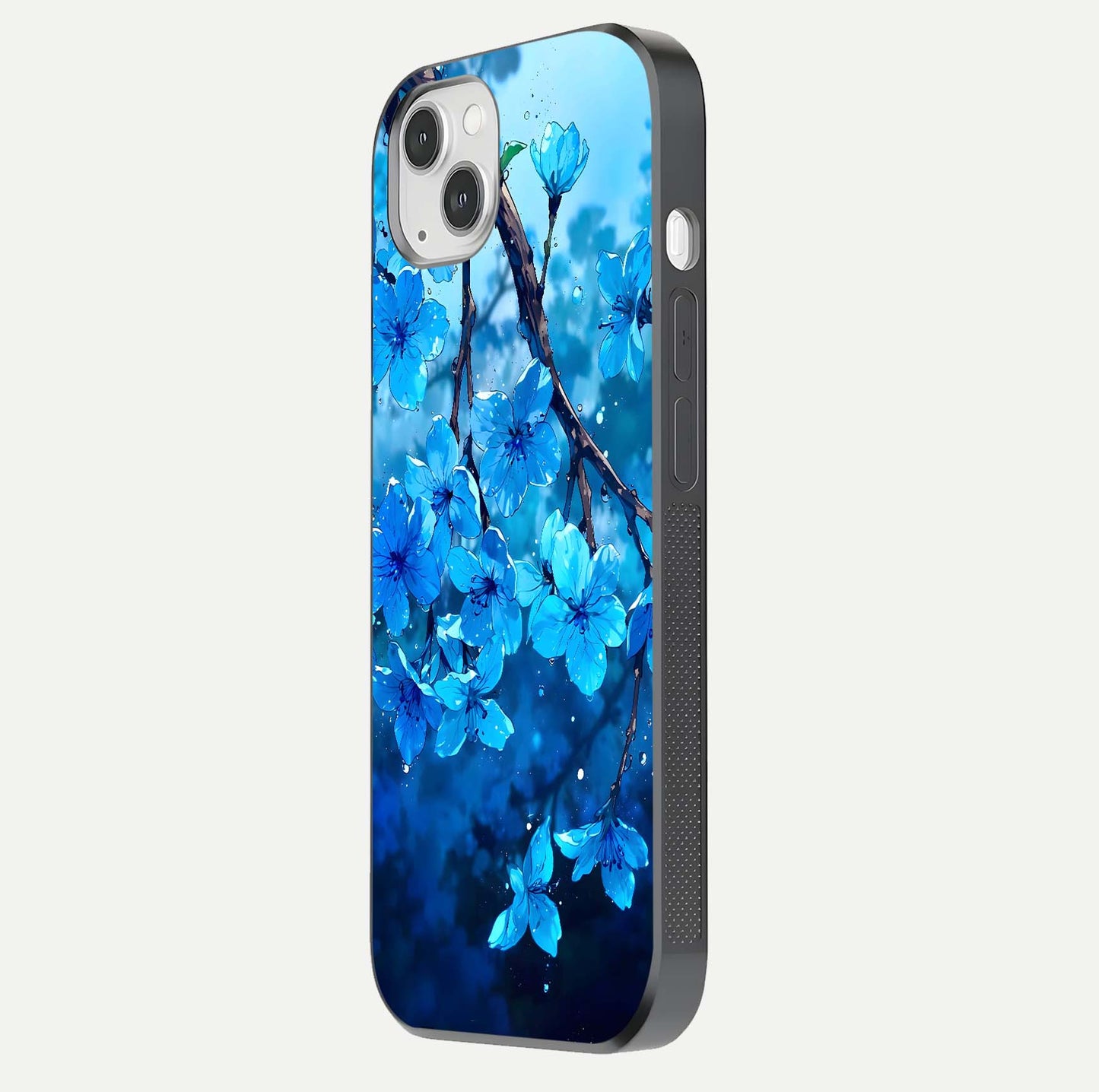 Blue Blossoms Branch Glass Case for iPhone 16 Pro side-angle image showing blossom pattern flow and glossy texture