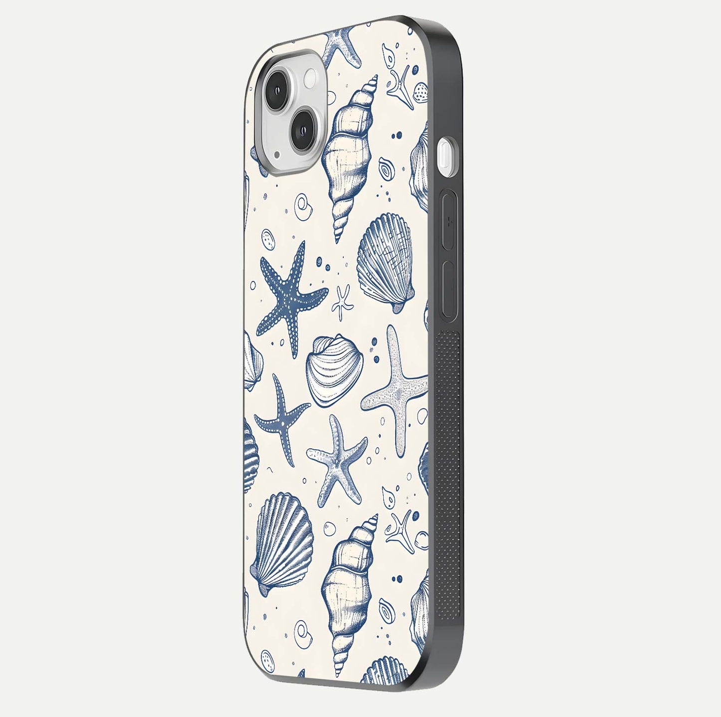 Blue Ocean Outline Glass Case for iPhone 14 Plus side-angle view showing clear edge lines and oceanic blue glow