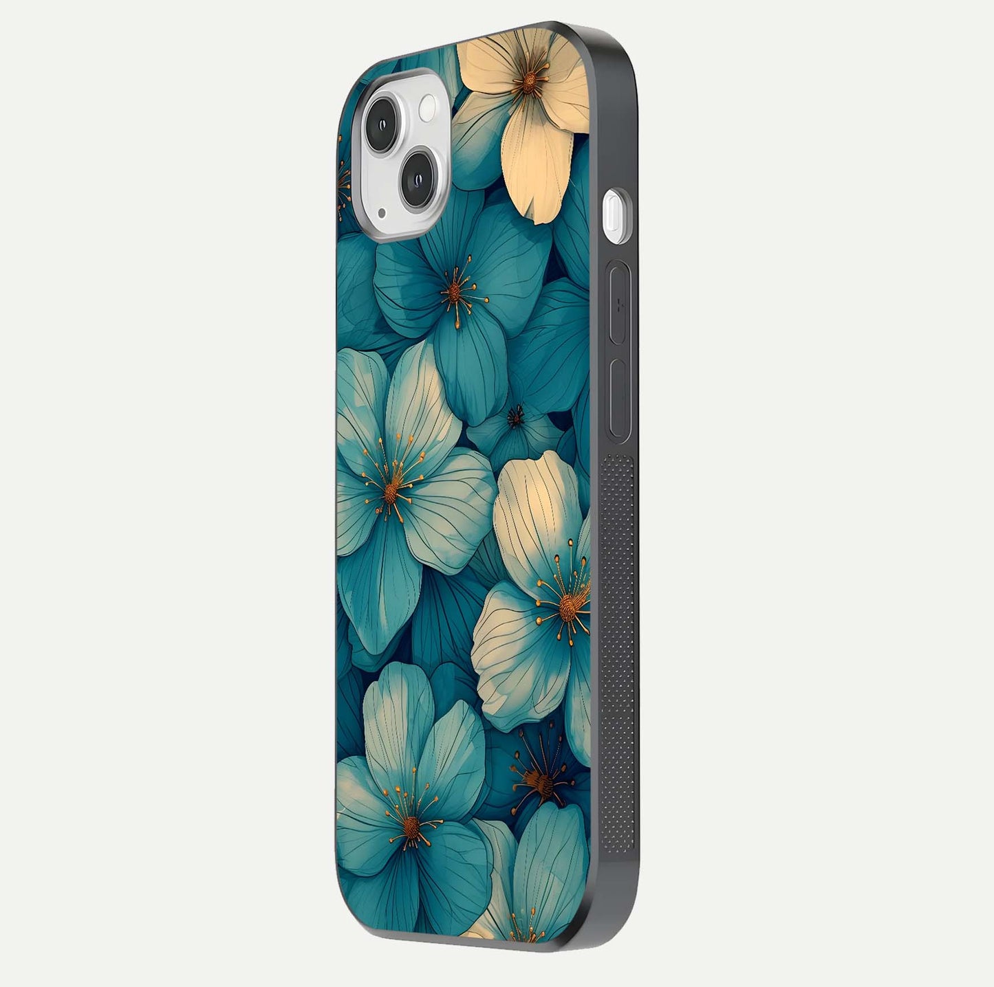 Blue Shade Floral Glass Case for iPhone 16 Pro side-angle photo showing detailed floral hues and curved glass shine