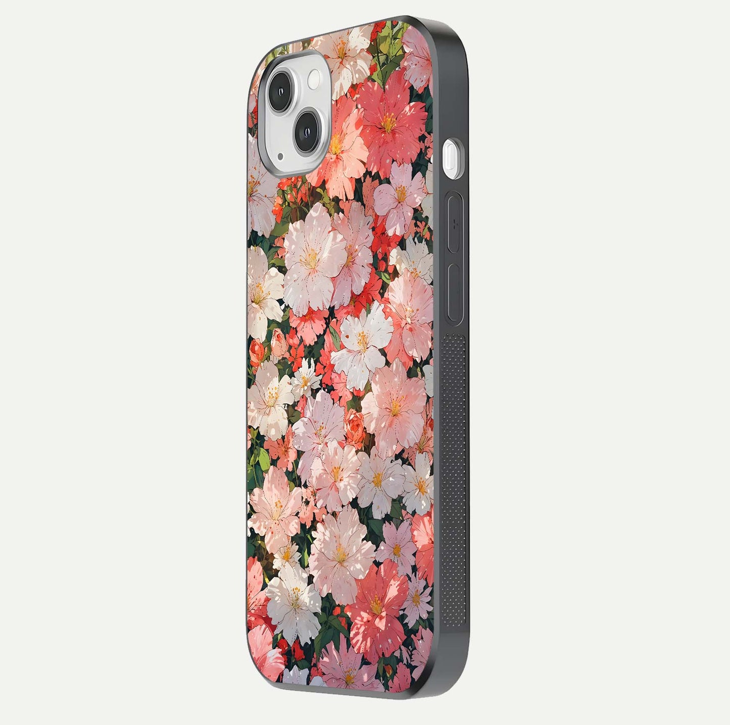 Blush Bloom Field Glass Case for iPhone 16 Pro side-angle image showing petal pattern gloss and smooth edges
