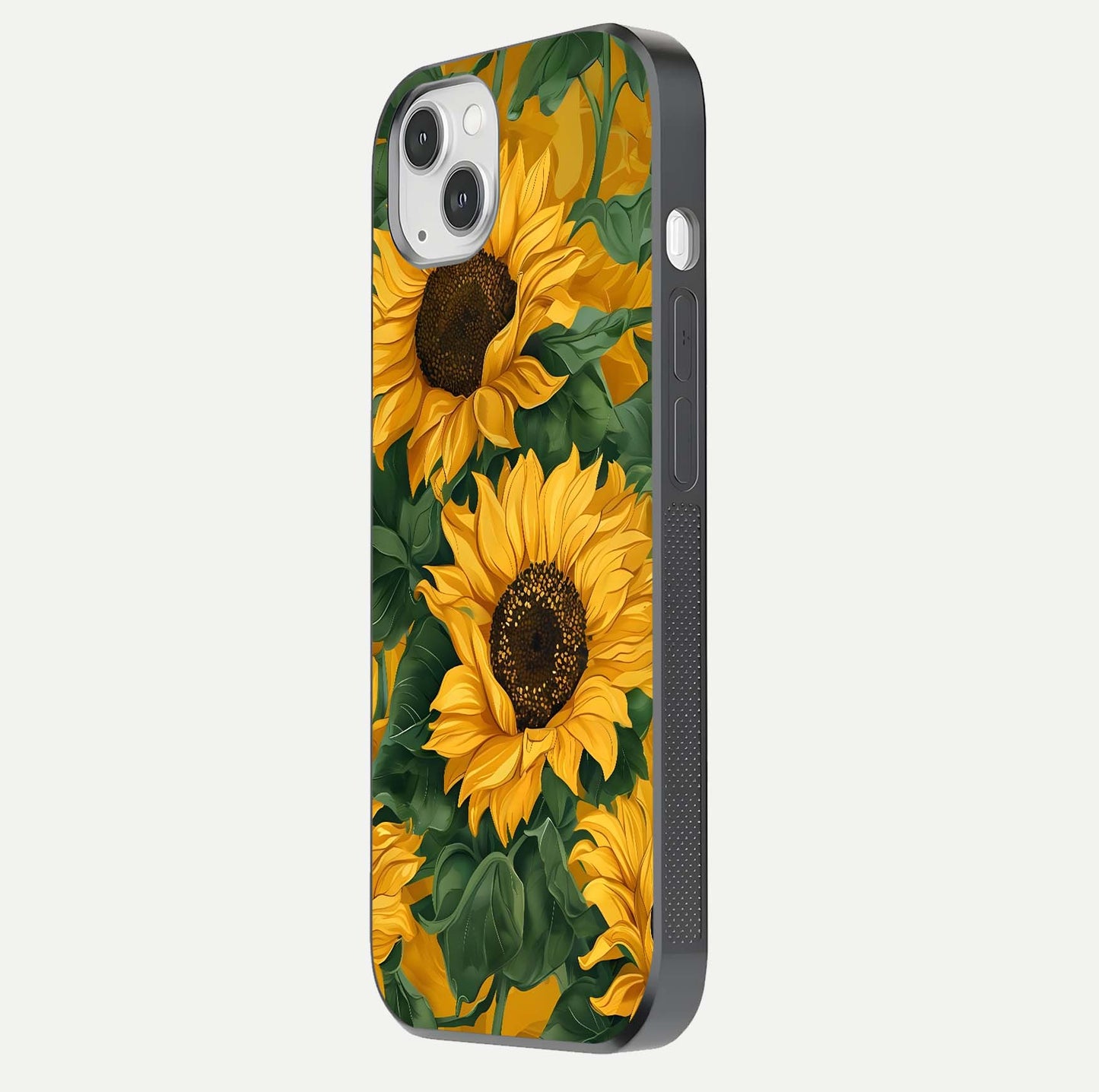 Bright Sunflower Bloom Glass Case for iPhone 14 Plus side-angle image showing shine texture and detailed bloom