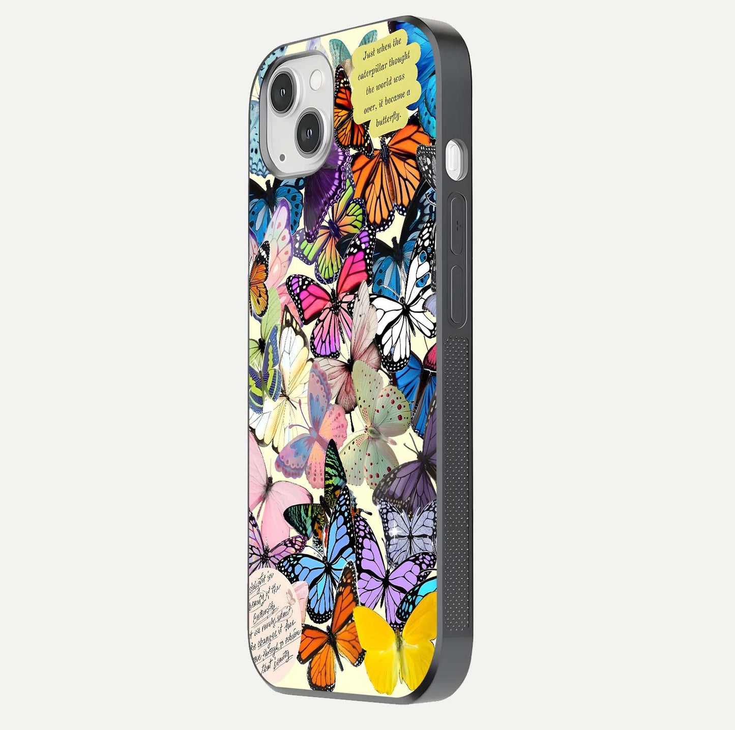 Butterflies Petal Dream Glass Case for iPhone 14 Plus side-angle shot showing butterfly motion and curved edges