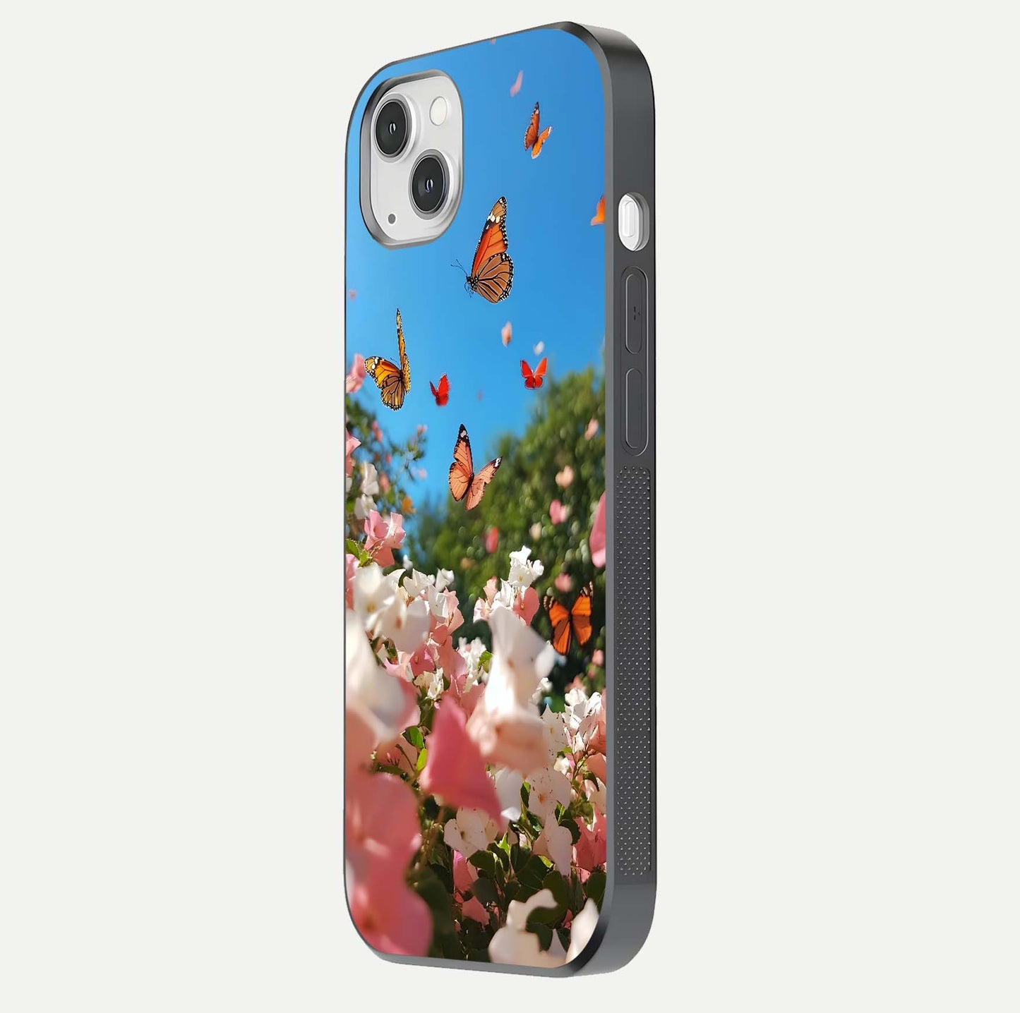 Butterflies in Bloom Sky Glass Case for iPhone 14 Plus side-angle image showing delicate details and gloss polish