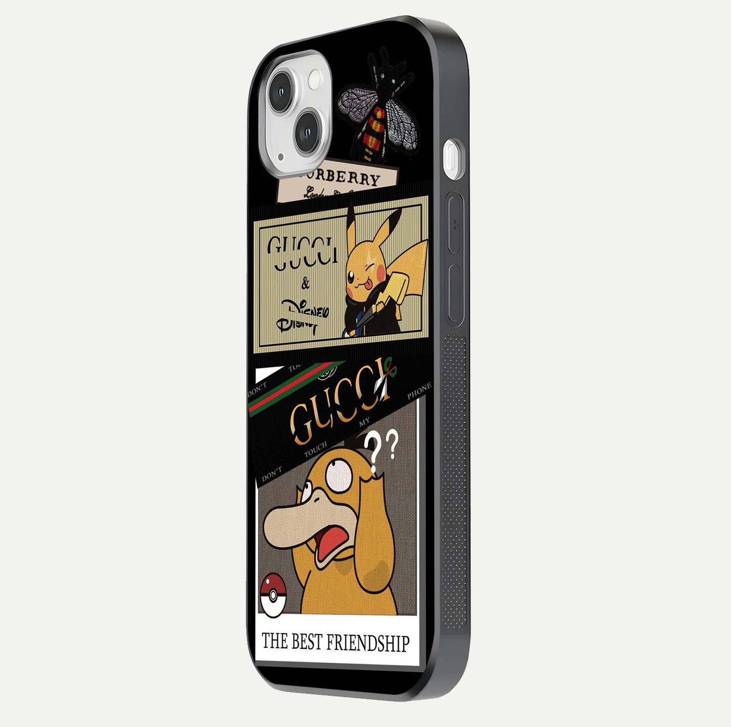 Cartoon Brand Play Mashup Glass Case for iPhone 14 Plus side-angle image showing reflection brightness and fun graphic mix