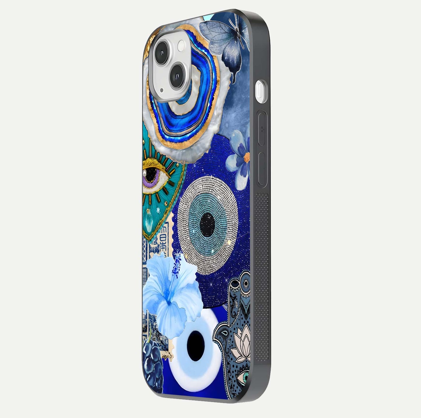 Celestial Blue Vision Glass Case for iPhone 14 Plus side-angle image capturing starlight shimmer and glass reflection