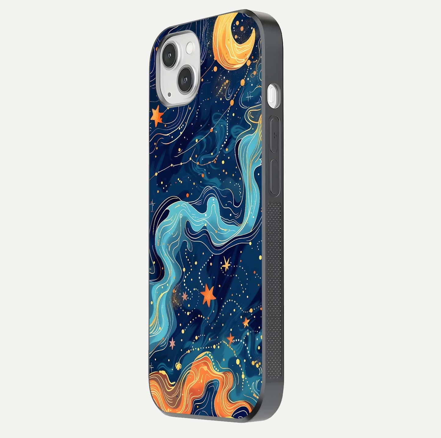 Celestial Dream Flow Glass Case for iPhone 14 Plus side-angle image capturing color swirl and glass reflection