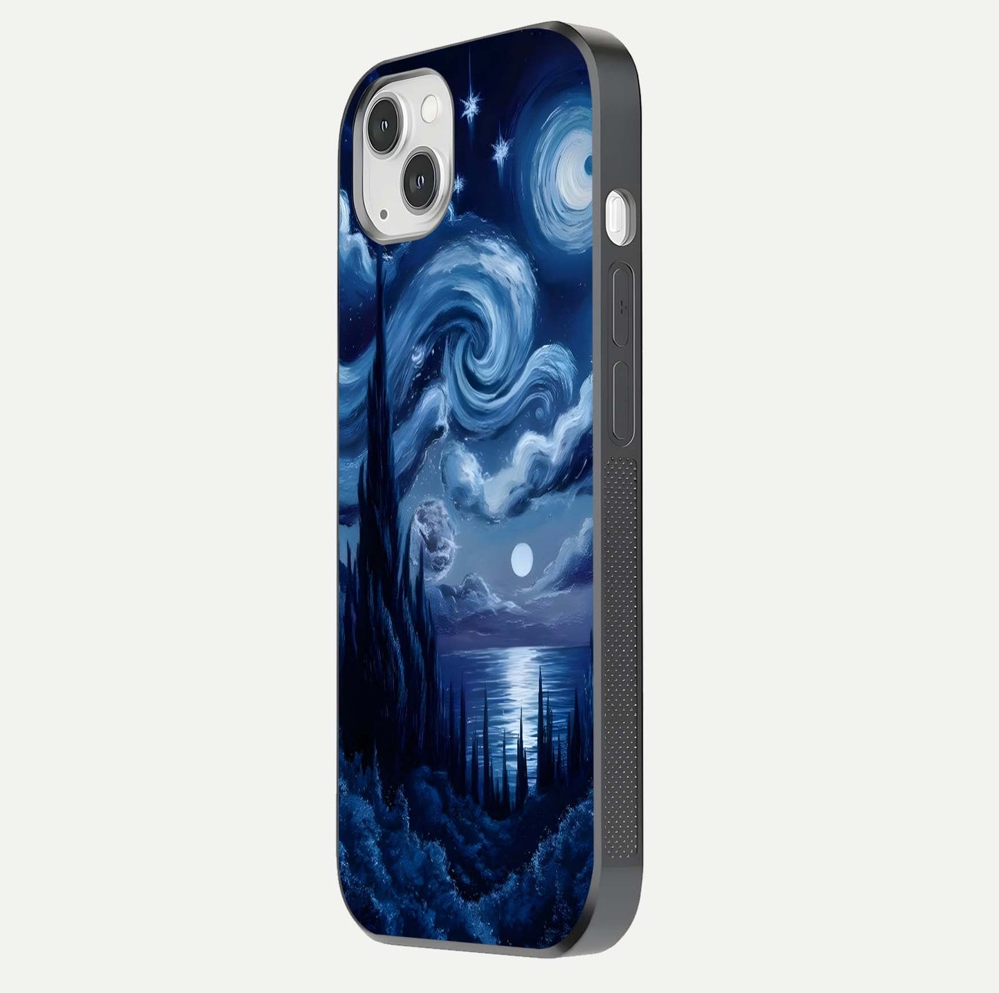 Celestial Dream Van Gogh Glass Case for iPhone 14 Plus side-angle photo showing depth swirl design and curved reflection