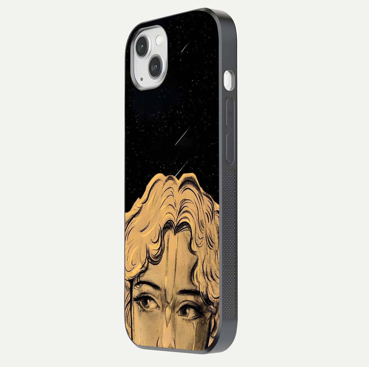 Celestial God’s Plan Glass Case for iPhone 14 Plus side-angle image showing gloss, camera frame, and cosmic tones