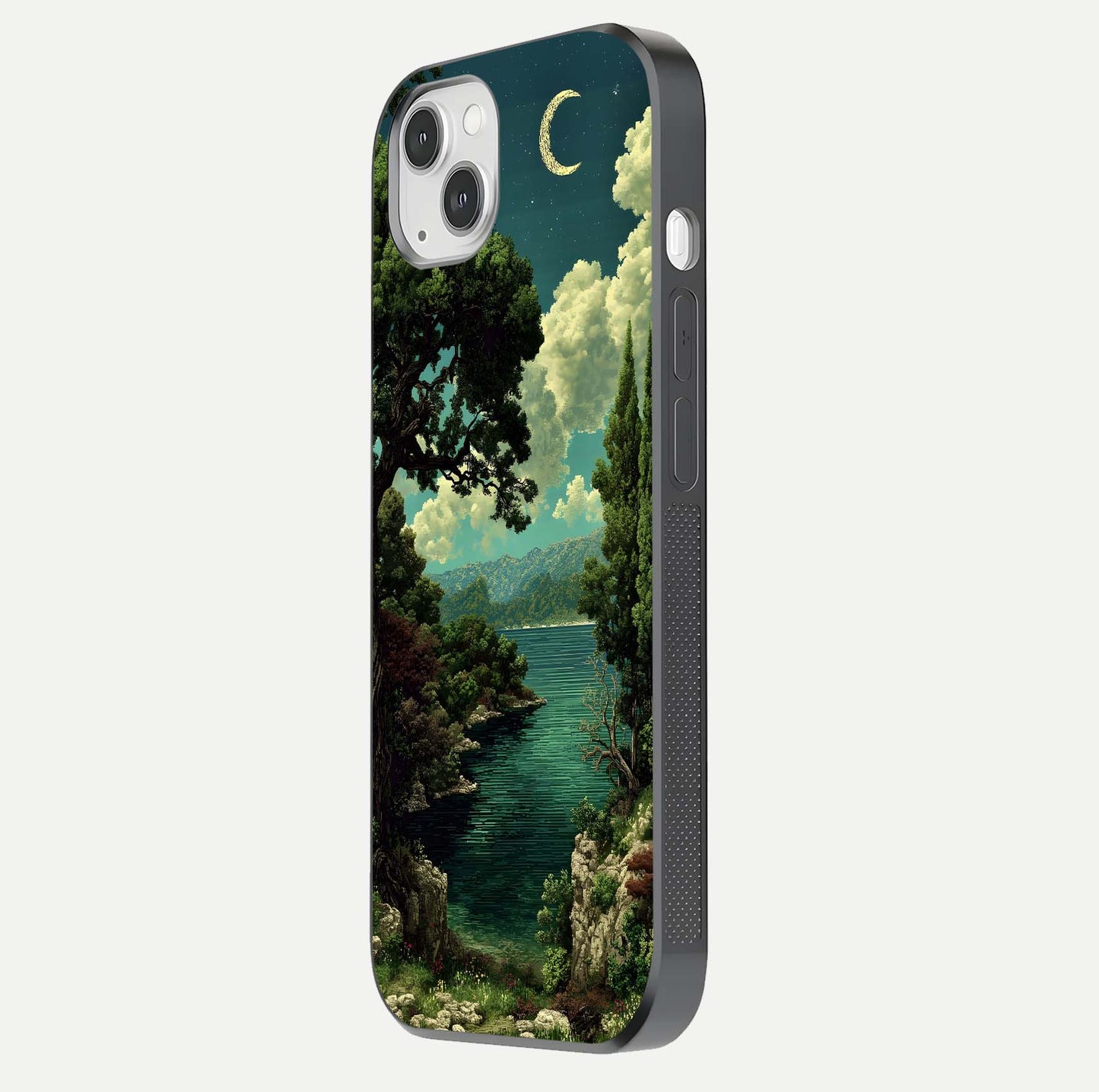 Celestial Lake Peace Glass Case for iPhone 14 Plus side-angle image displaying reflective glow and gentle edges