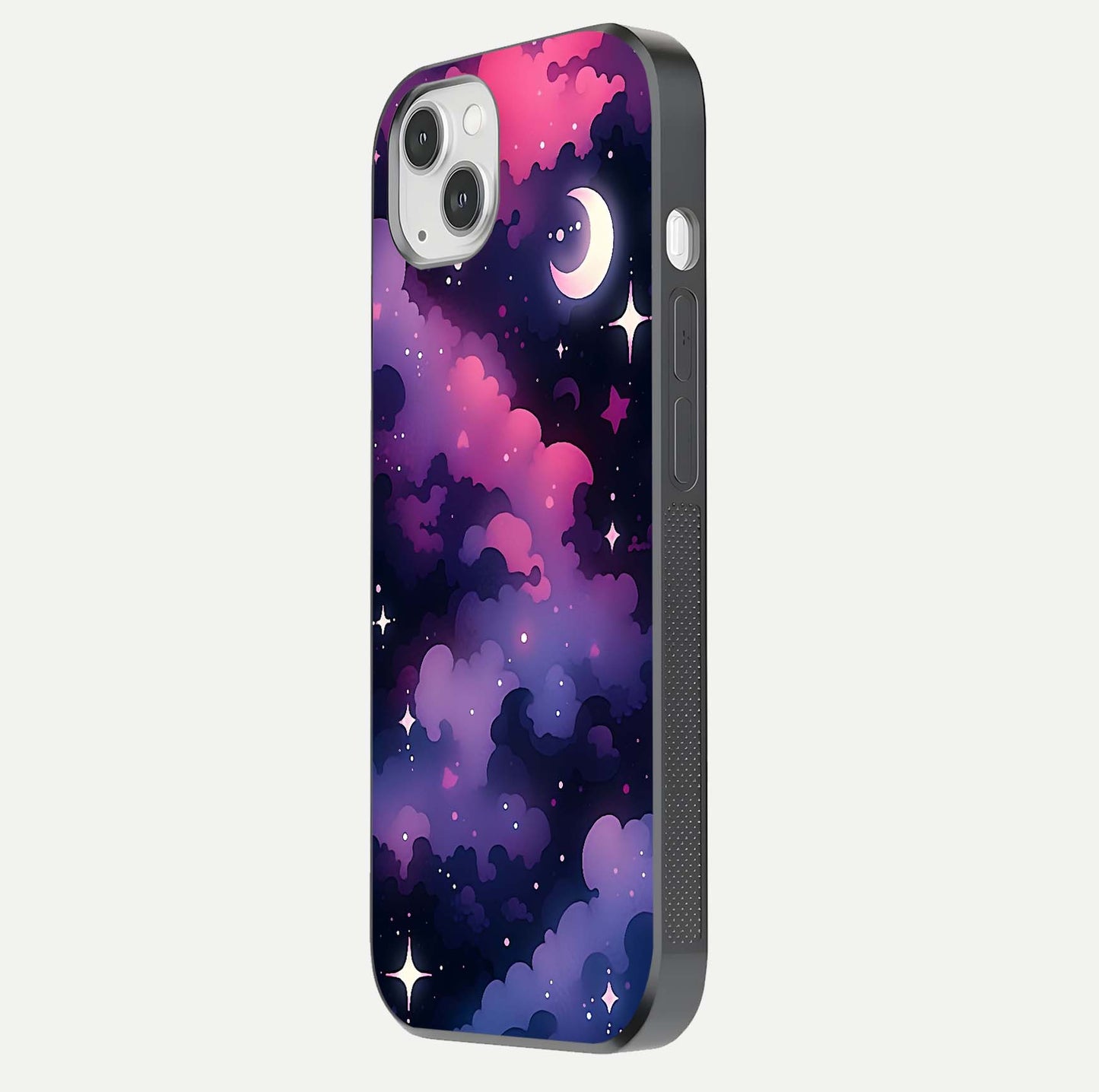 Celestial Moon Magic Glass Case for iPhone 14 Plus side-angle shot capturing soft reflection and curved gloss