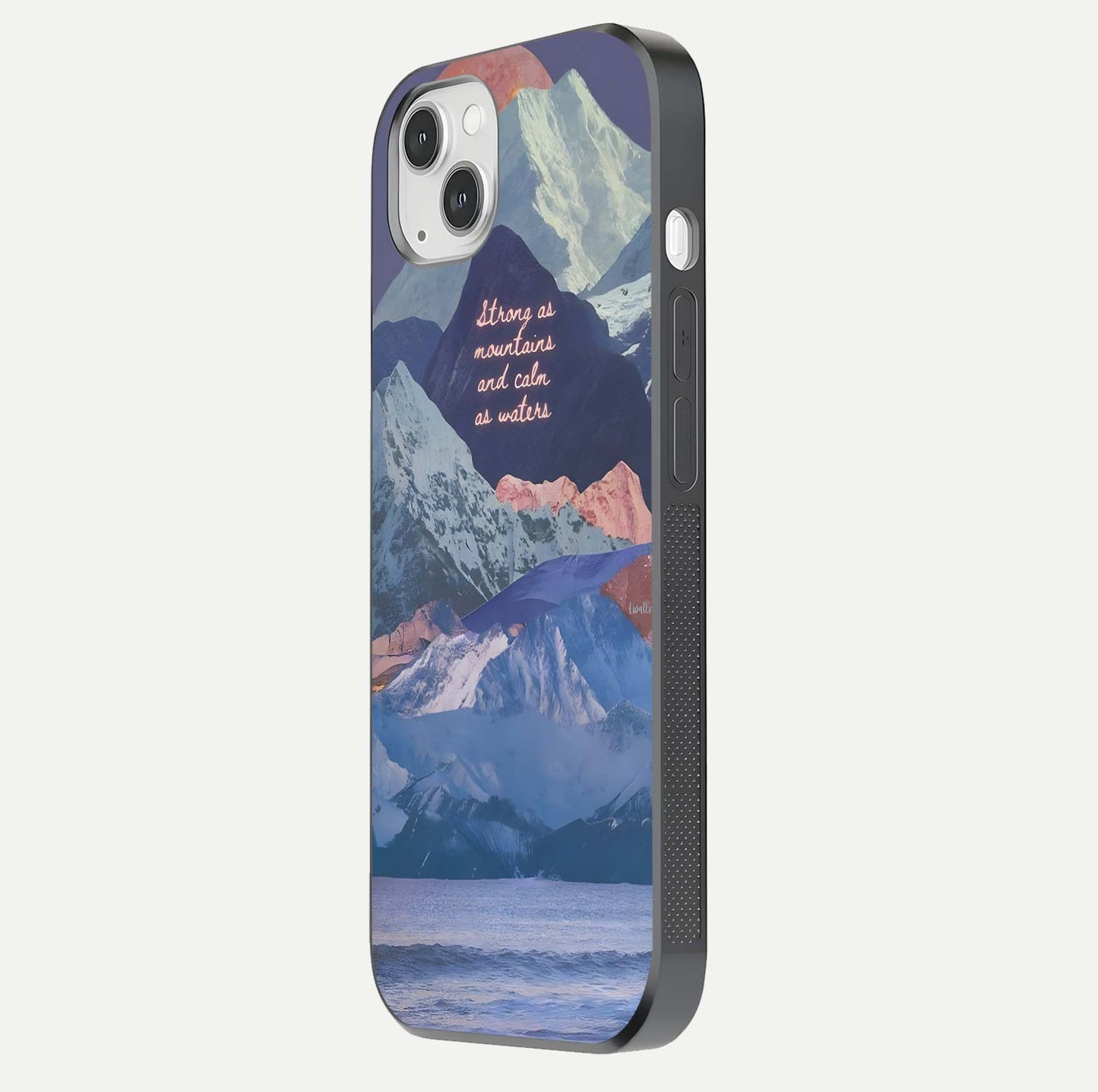 Celestial Mountain Calm Glass Case for iPhone 14 Plus side-angle image capturing mountain detail and shine gradient