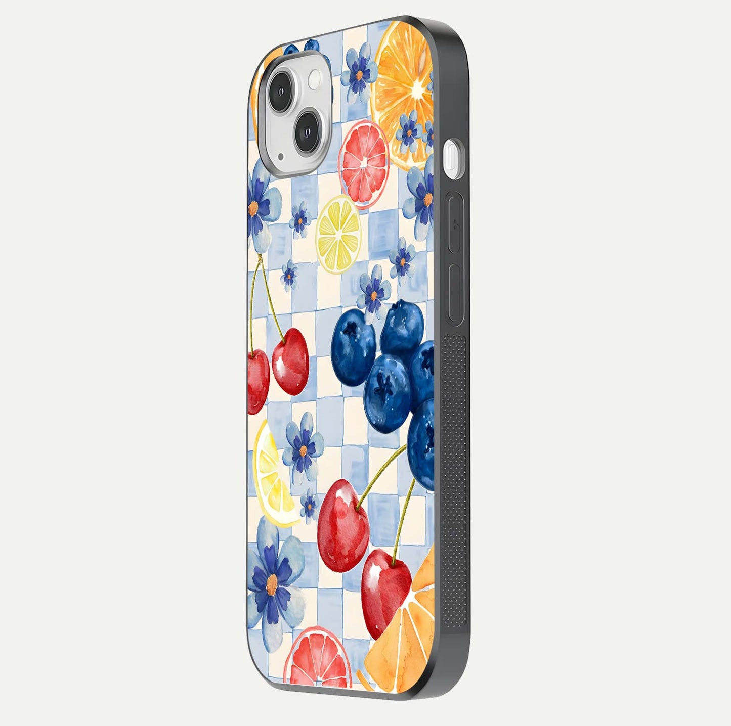 Citrus Bloom Joy Glass Case for iPhone 14 Plus side-angle photo capturing bright color and glass reflection