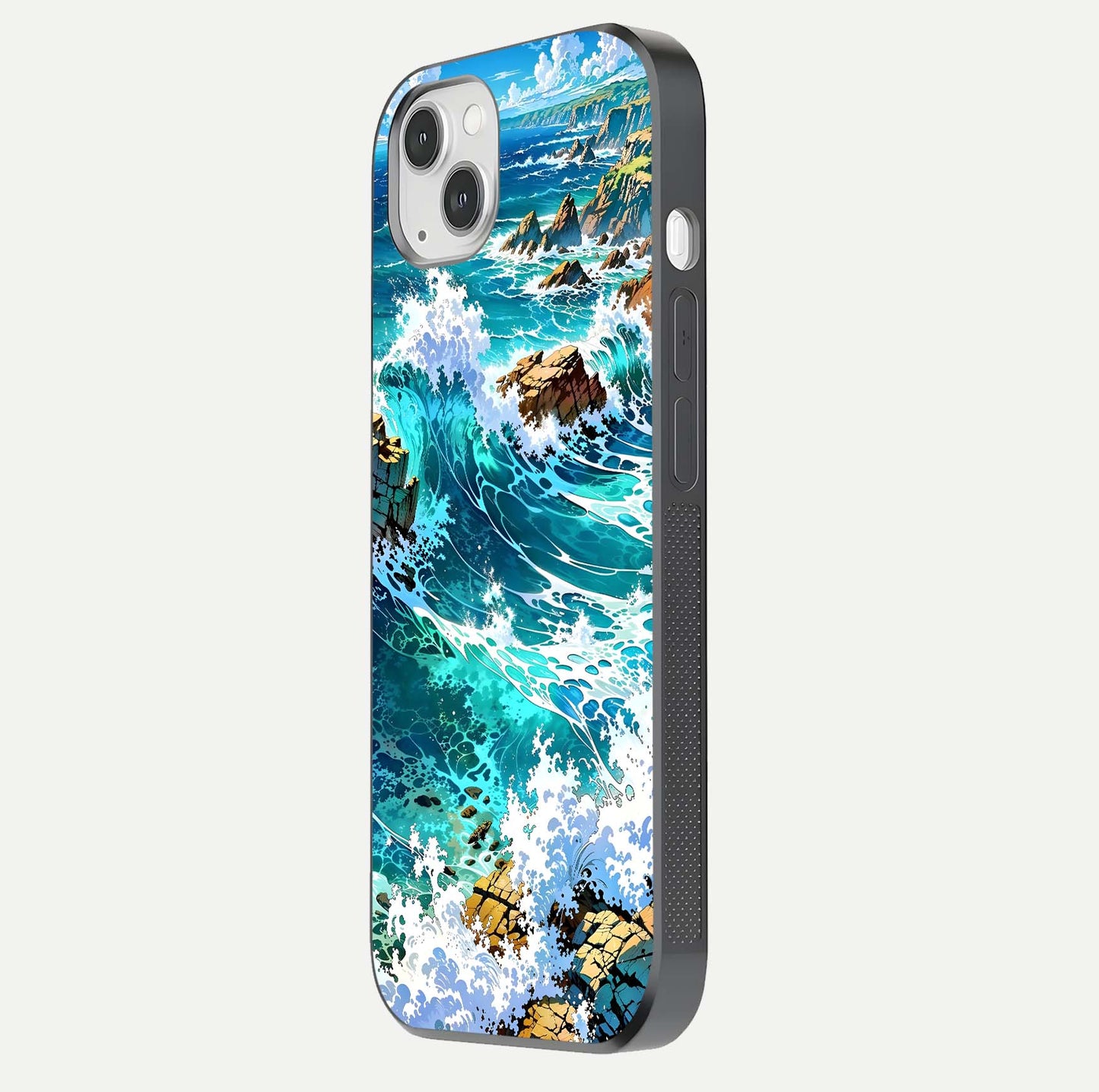 Coastal Blue Waves Glass Case for iPhone 14 Plus side-angle photo showing gloss texture and color depth