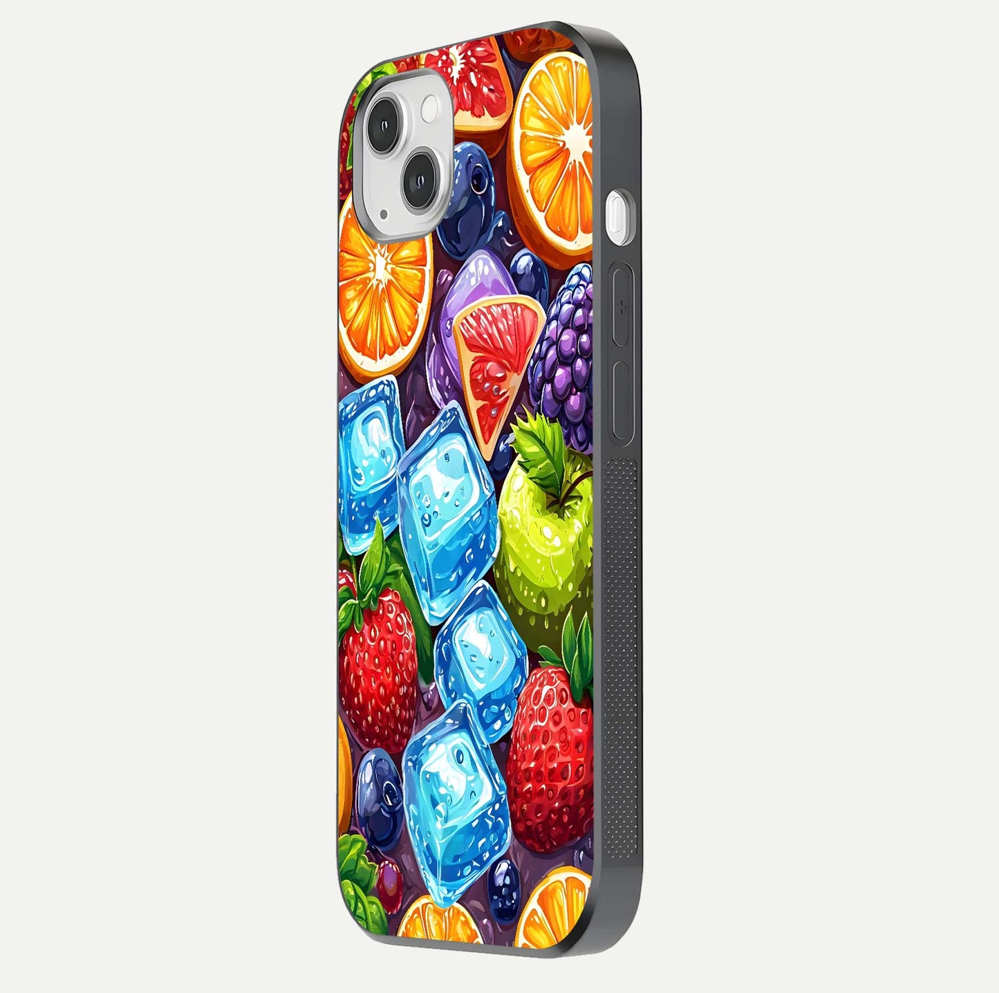 Colorful Fruits with Ice Glass Case for iPhone 14 Plus side-angle photo showing curve gloss and vivid tones