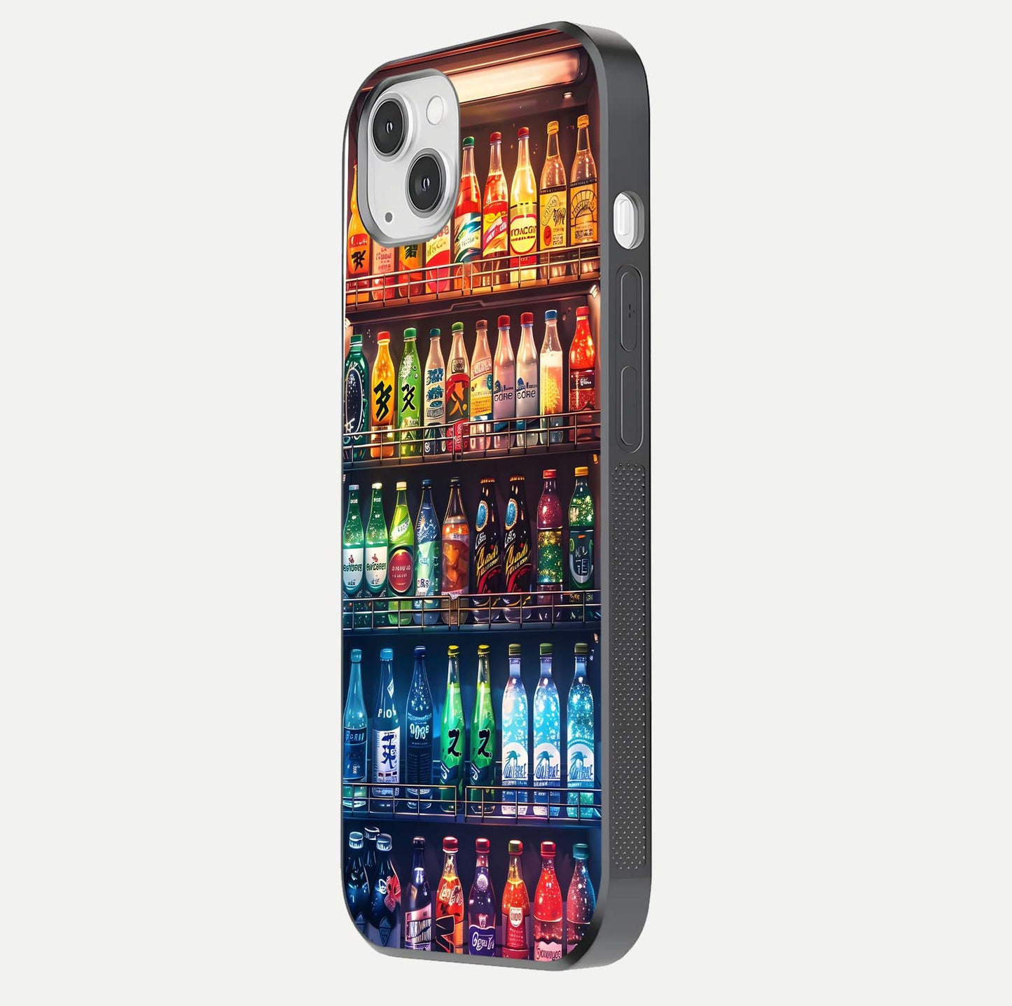 Colorful Soda Bottles Glass Case for iPhone 14 Plus side-angle photo showing polish shine and texture depth