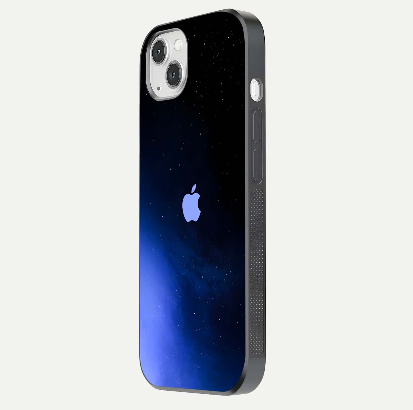 Cosmic Blue Apple Glass Case for iPhone 14 Plus side-angle image showing curve polish and star detail