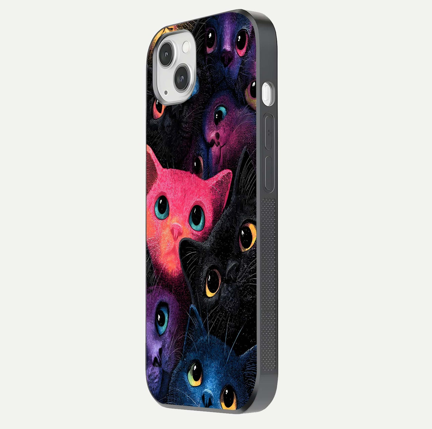 Cosmic Cats Dreams Glass Case for iPhone 14 Plus side-angle photo showing edge gloss and color depth