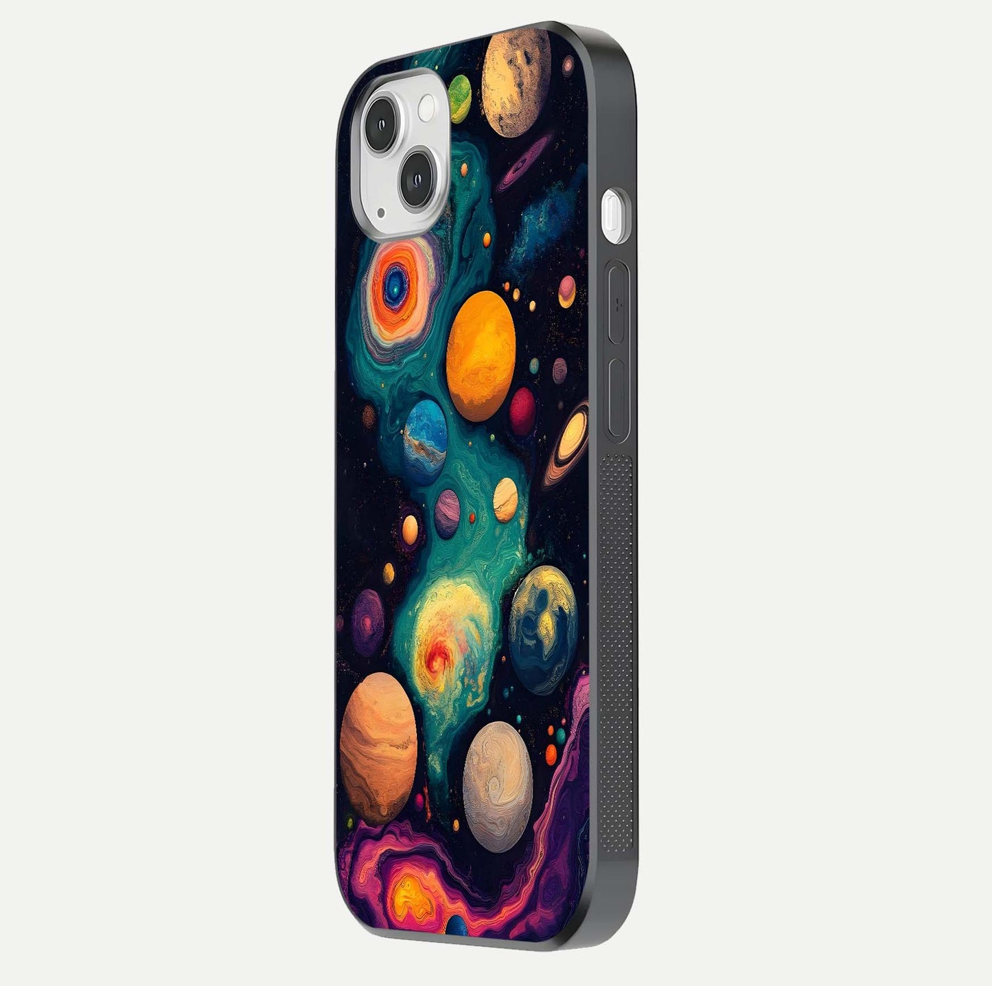 Cosmic Planet Journey Glass Case for iPhone 14 Plus side-angle image capturing smooth gloss and reflective edges