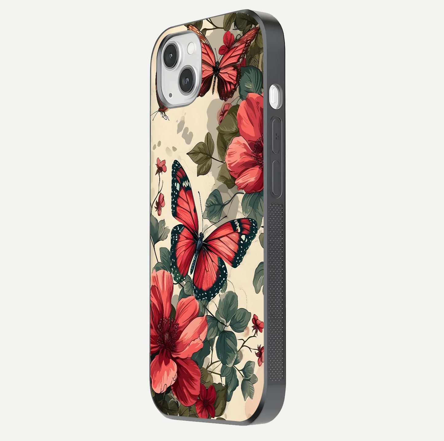 Crimson Butterfly Garden Glass Case for iPhone 14 Plus side-angle photo capturing gloss texture and soft tone