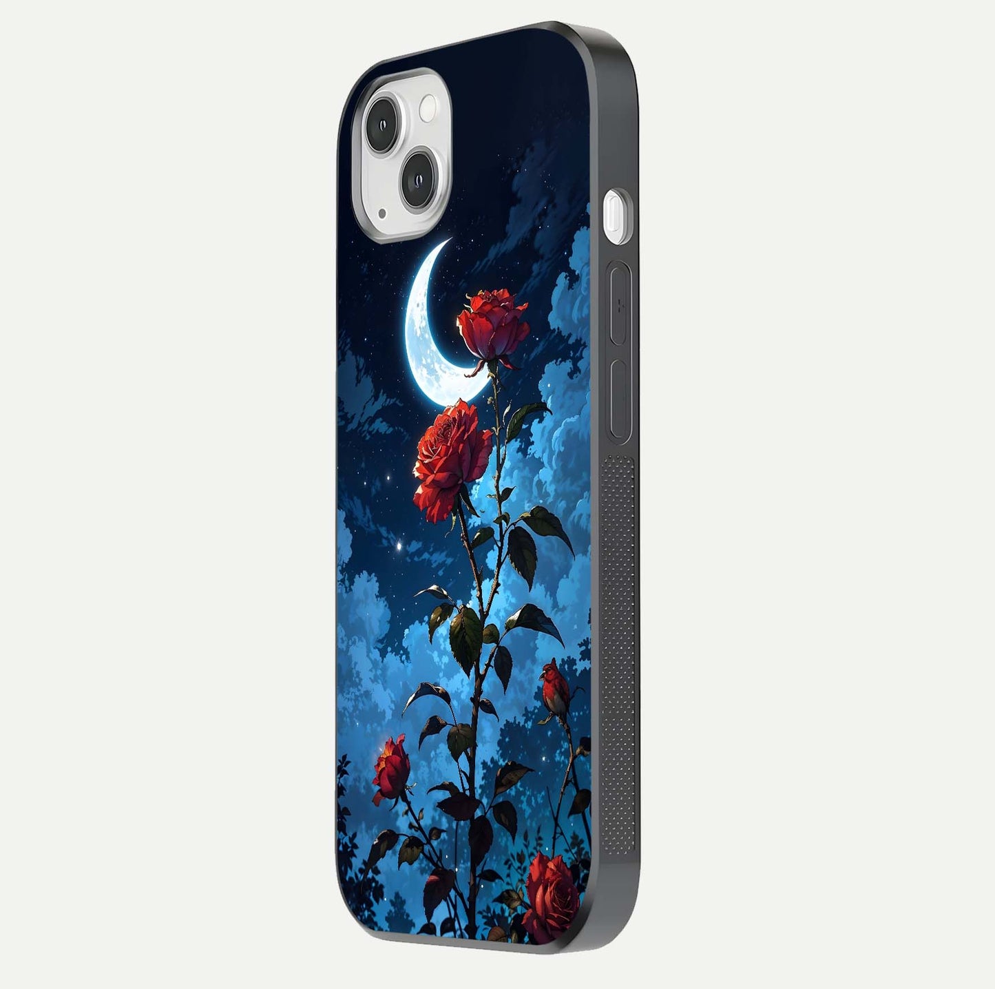 Crimson Rose Moon Glass Case for iPhone 14 Plus side-angle photo showing reflective texture and smooth curve
